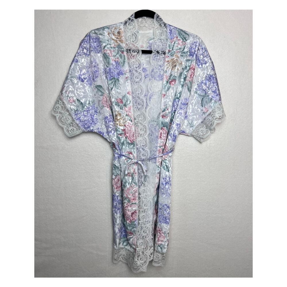 Jessica Vintage Robe Floral Lace Trim Tie Closure Women's Size Medium Retro